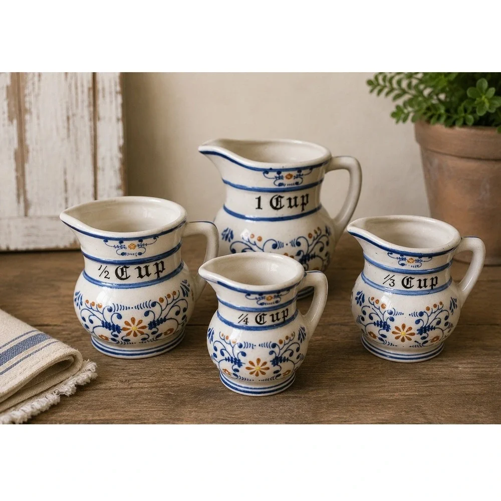 Vintage Ceramic Measuring Cup Pitcher Set 4 Blue White Farmhouse Kitchen Decor